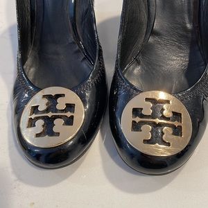 Tory Burch black patent leather wedges